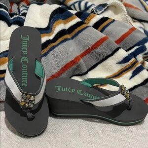 Juicy Couture Black and Green Wedge Sandals with Jewel Accent